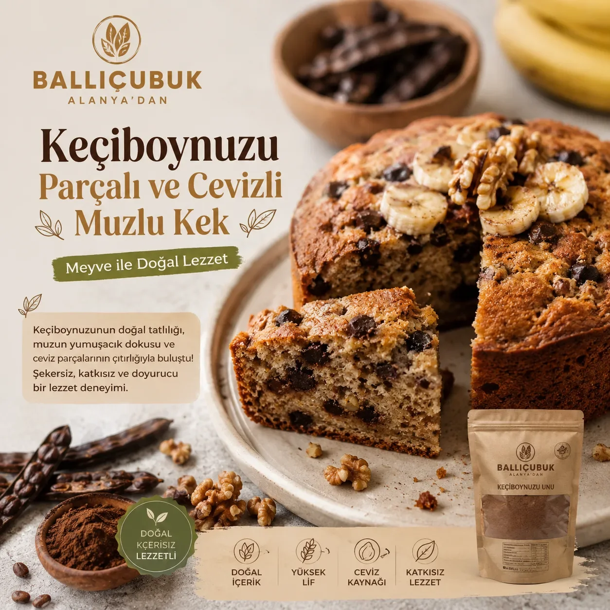 Keçiboynuzu Parçacıklı Cevizli Muzlu Kek Tarifi