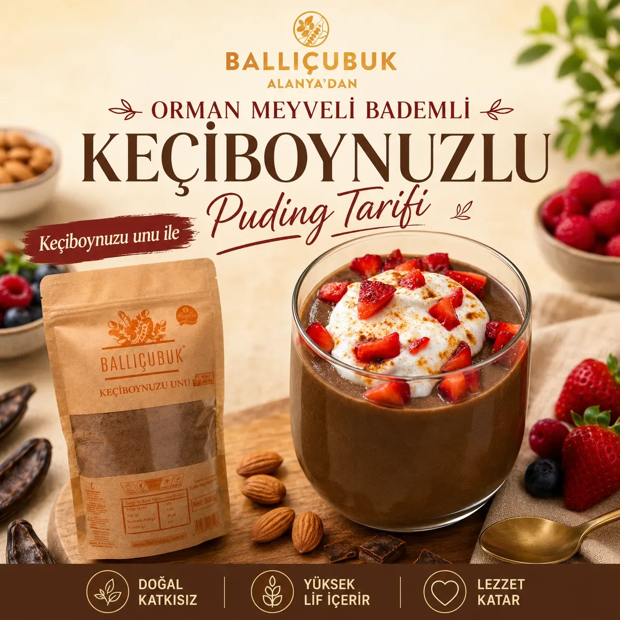 Orman Meyveli Bademli Keçiboynuzlu Puding Tarifi